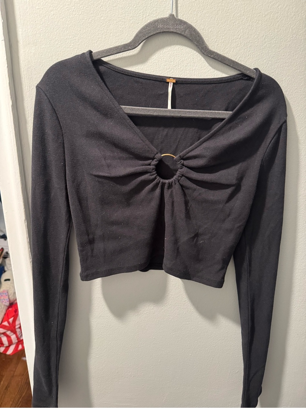 Free People Navy BlueLong-Sleeve Crop Top with Front Ring Detail